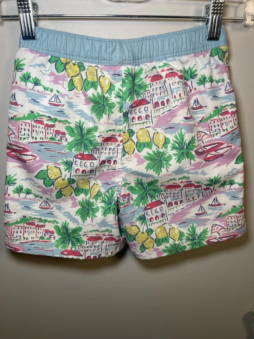Mini Boden Pastel Coastal Print Swim Shorts in Light Blue, Yellow & Green